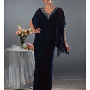 Alfred Angelo Navy 518 Mother of the Groom MOB Dress Gown 9018L Jeweled Neckline